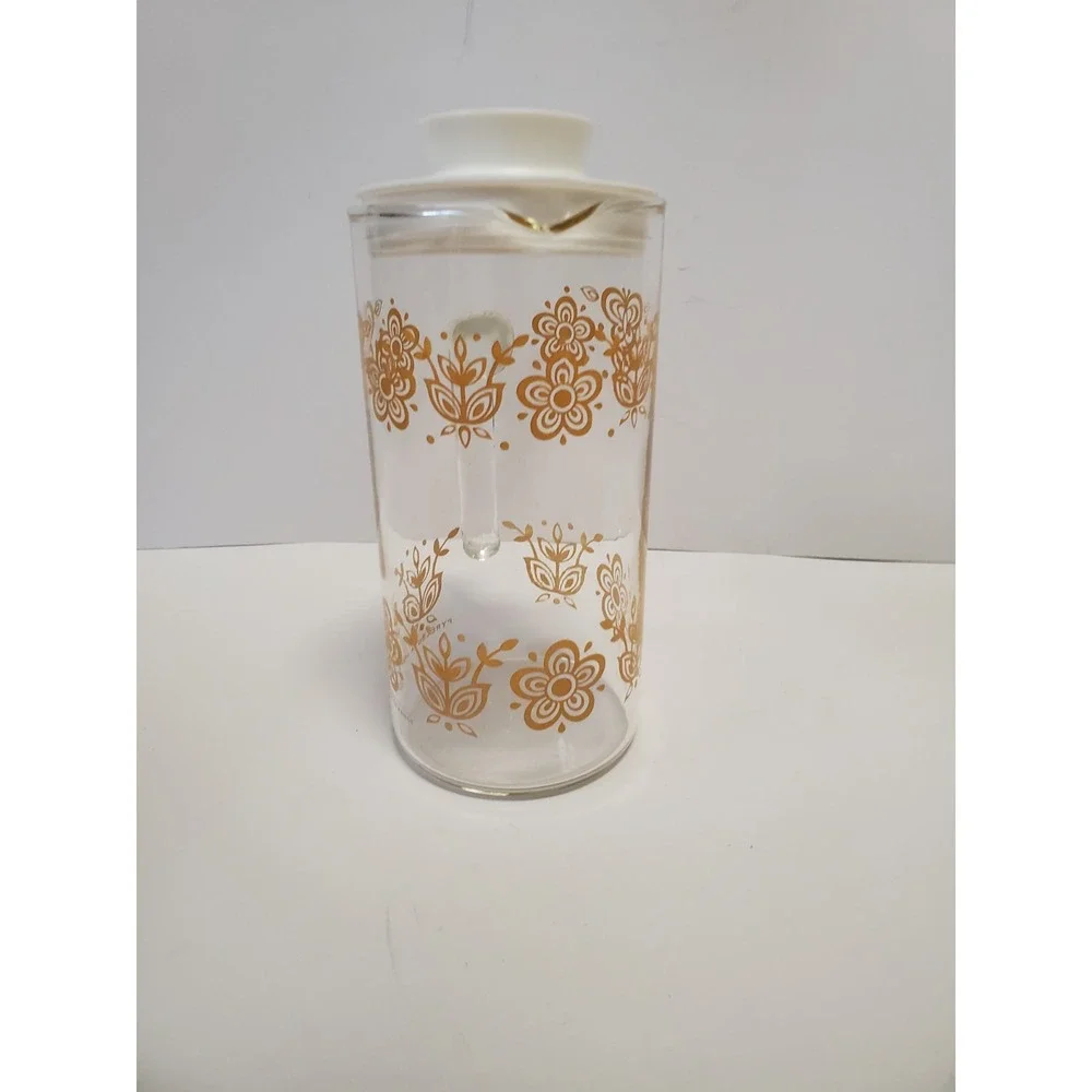 Vintage Pyrex Butterfly Flower Gold Glass Pitcher/Carafe Handle Stopper Lid